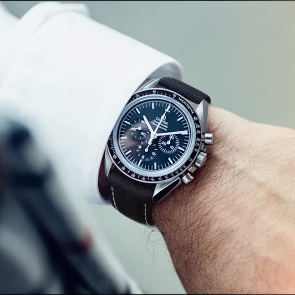 Omega Speedmaster on Black Sailcloth (White Stitching)