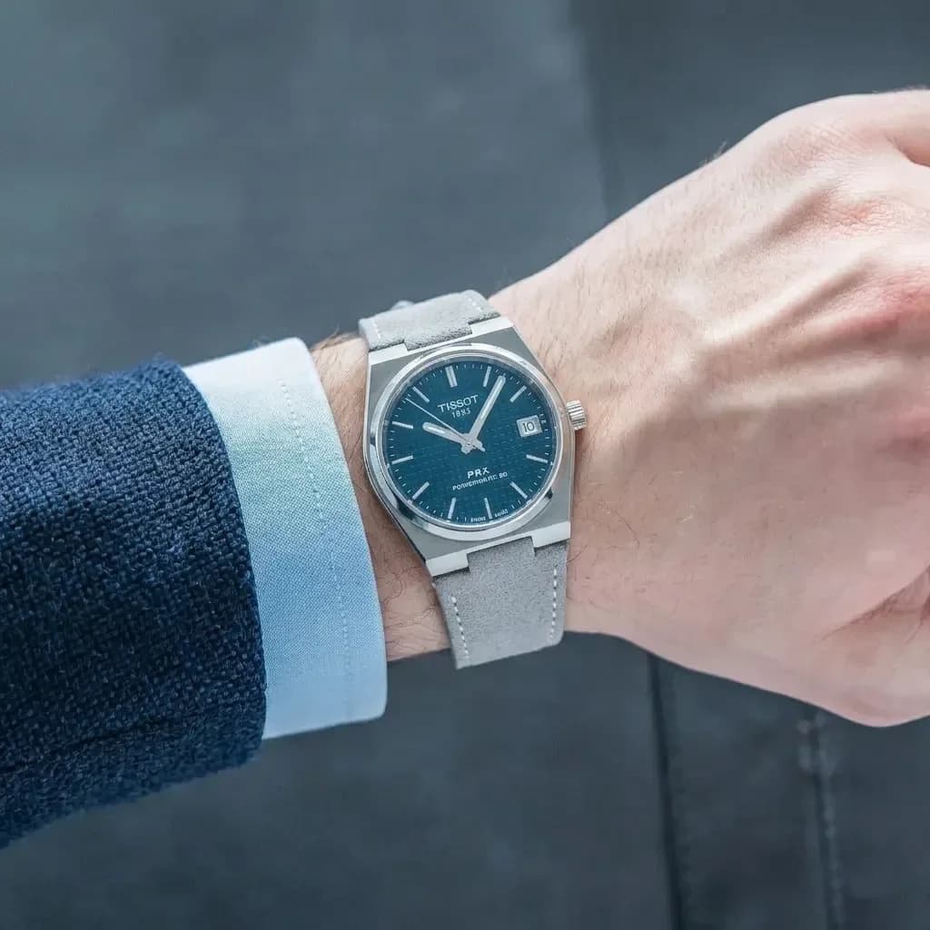 Tissot PRX Powermatic 80 on Grey Classic Suede
