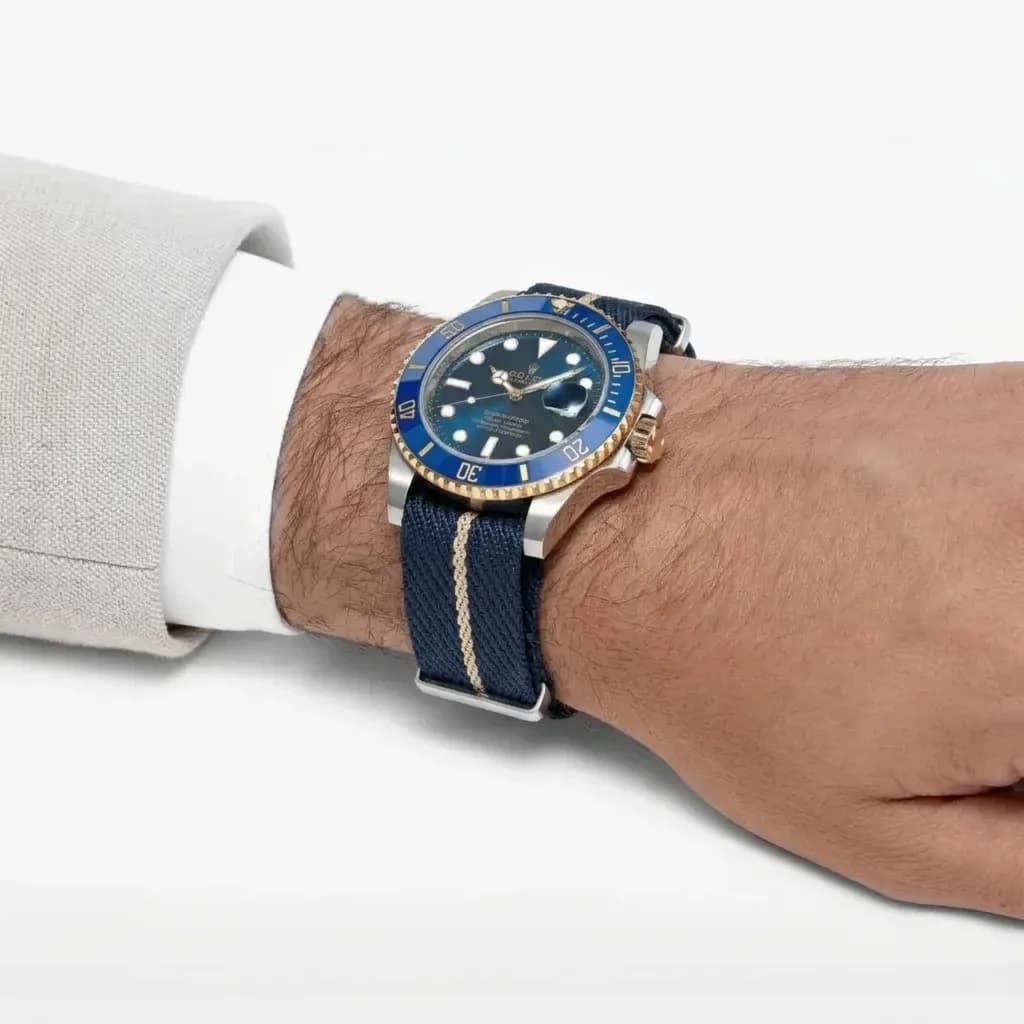 Rolex Submariner Date on Navy & Tan Woven Single Pass