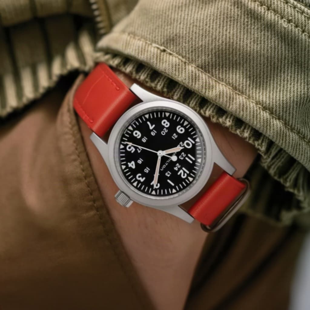 Hamilton Khaki Field Mechanical on Red Crocodile Embossed strap