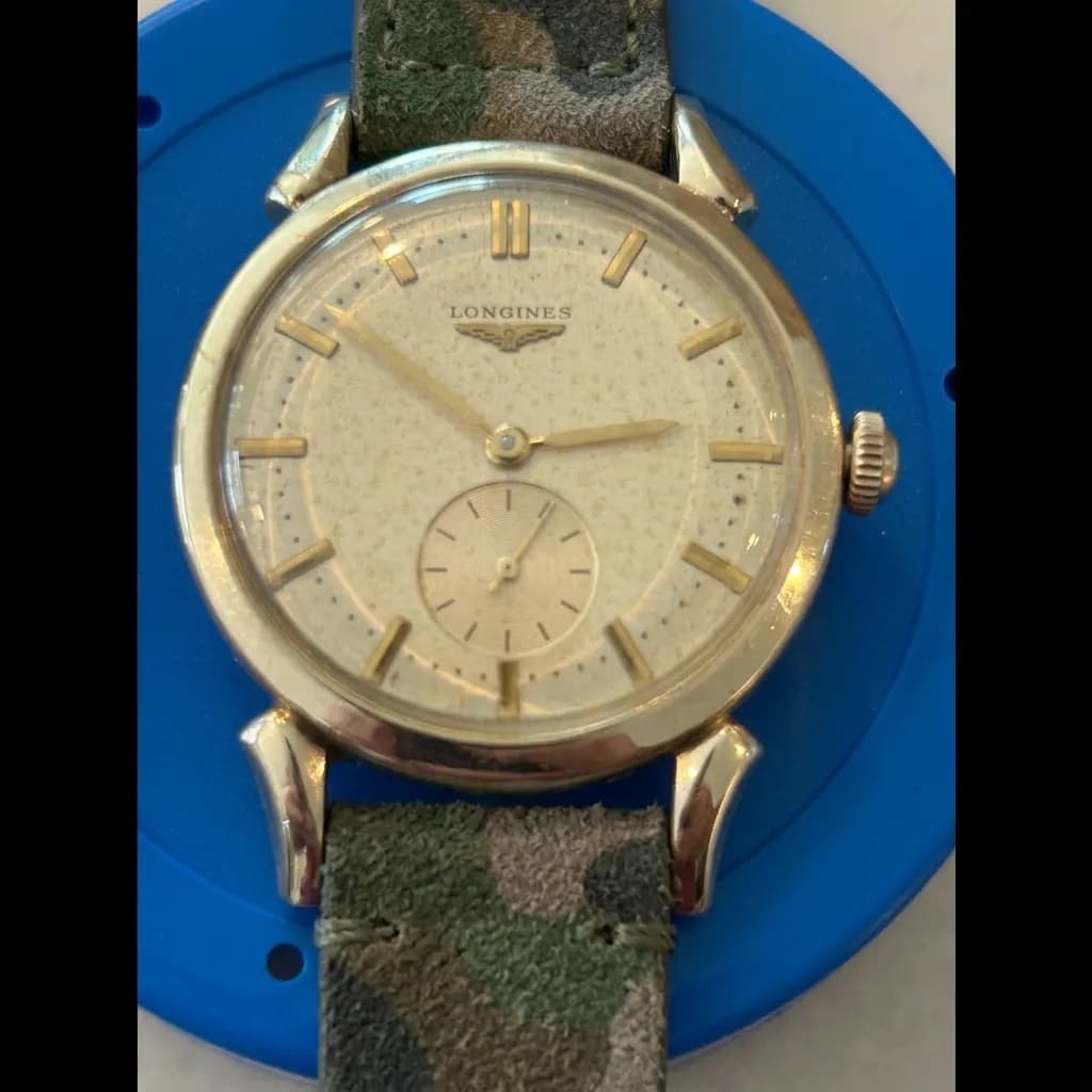 Longines Vintage dress watch on Woods Camo Suede strap
