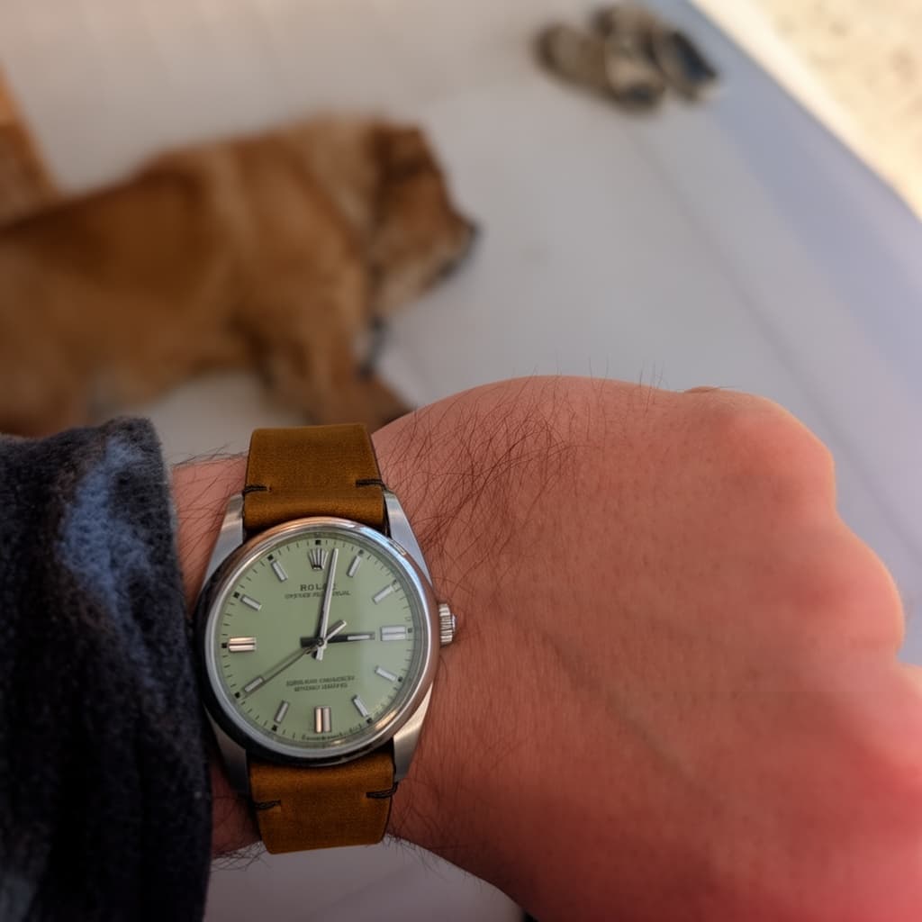 Rolex Oyster Perpetual Pistachio on Weathered Brown Leather strap