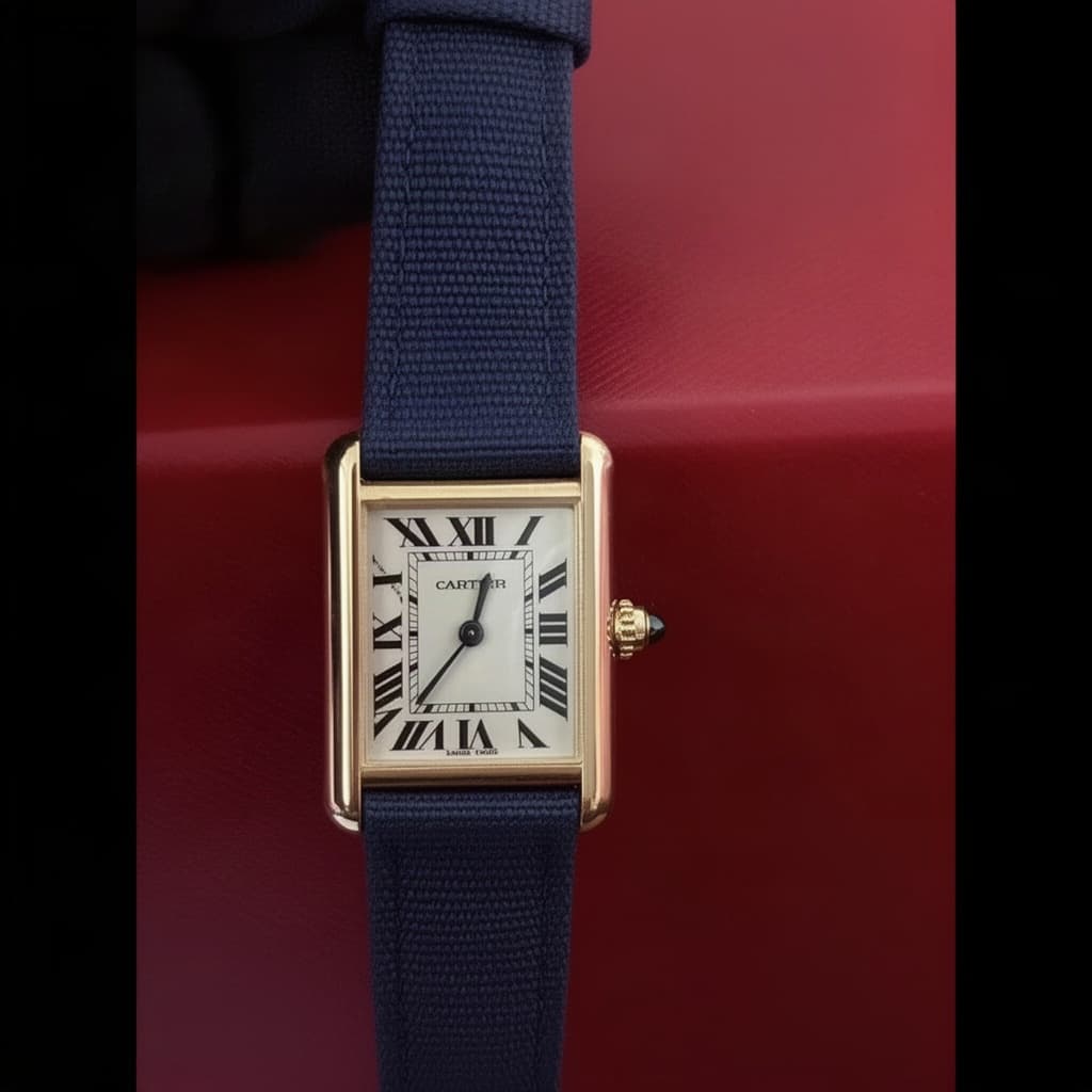 Cartier Tank on Navy Blue Textured Sailcloth strap