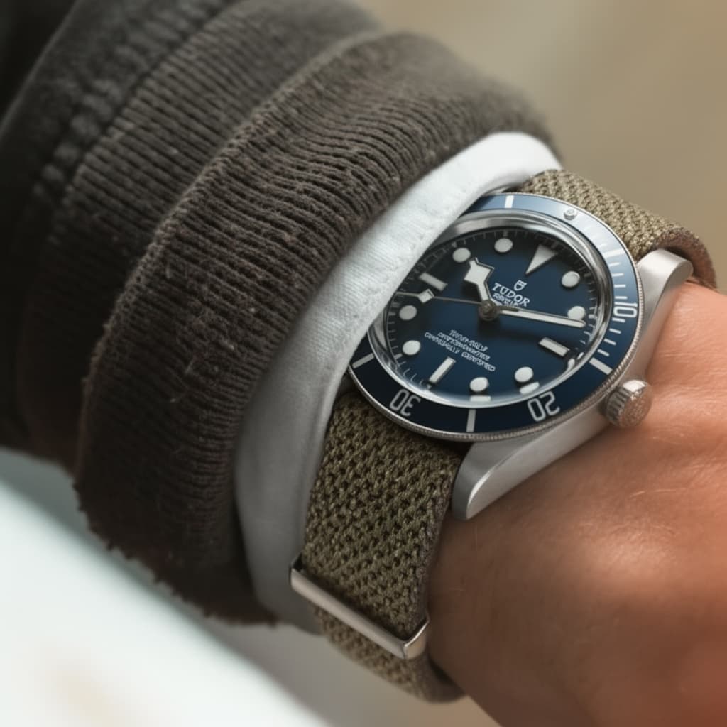 Tudor Black Bay on Orange Pin Stripe NATO strap