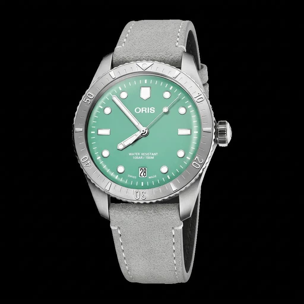 Oris Aquis Date on Grey Classic Suede strap