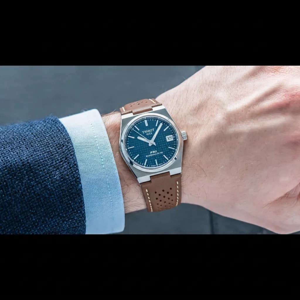 Tissot PRX Powermatic 80 on Perforated Leather Rally (Tan Stitching)