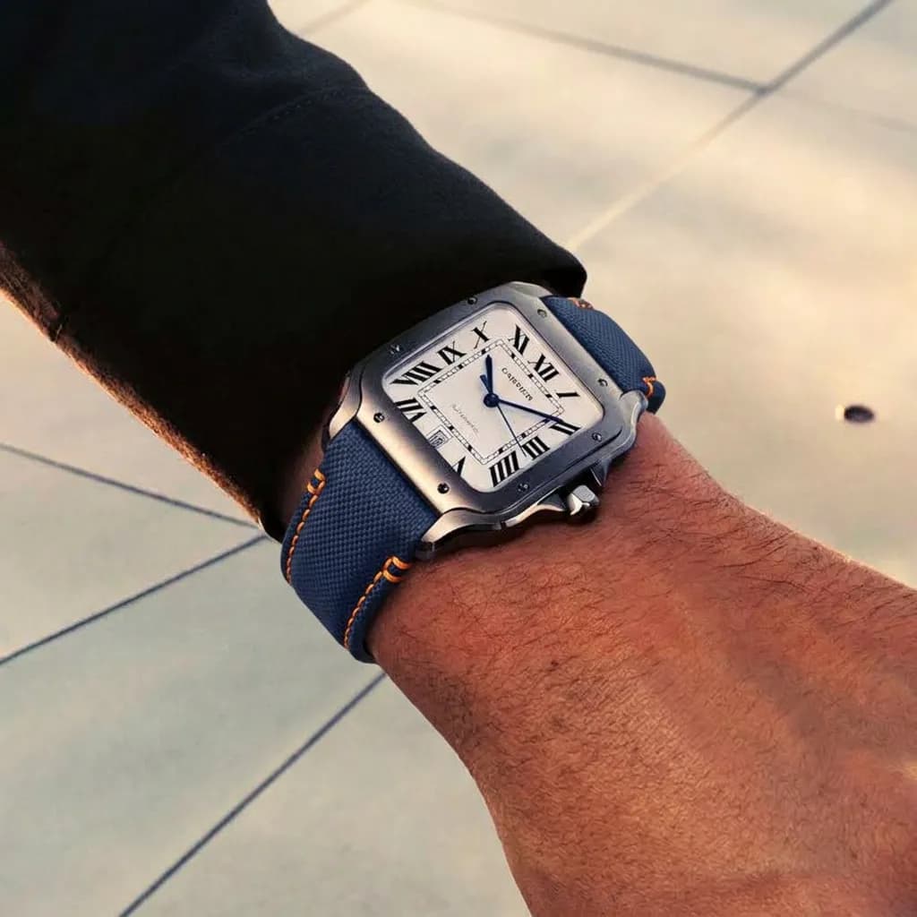 Cartier Santos on Navy Sailcloth (Orange Stitching)