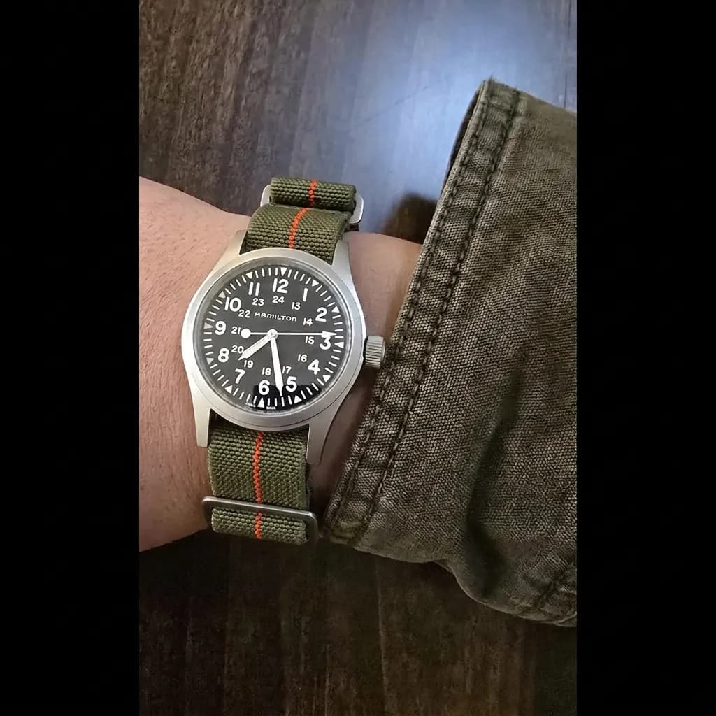 Hamilton Khaki Field Mechanical on Khaki Marine Nationale strap