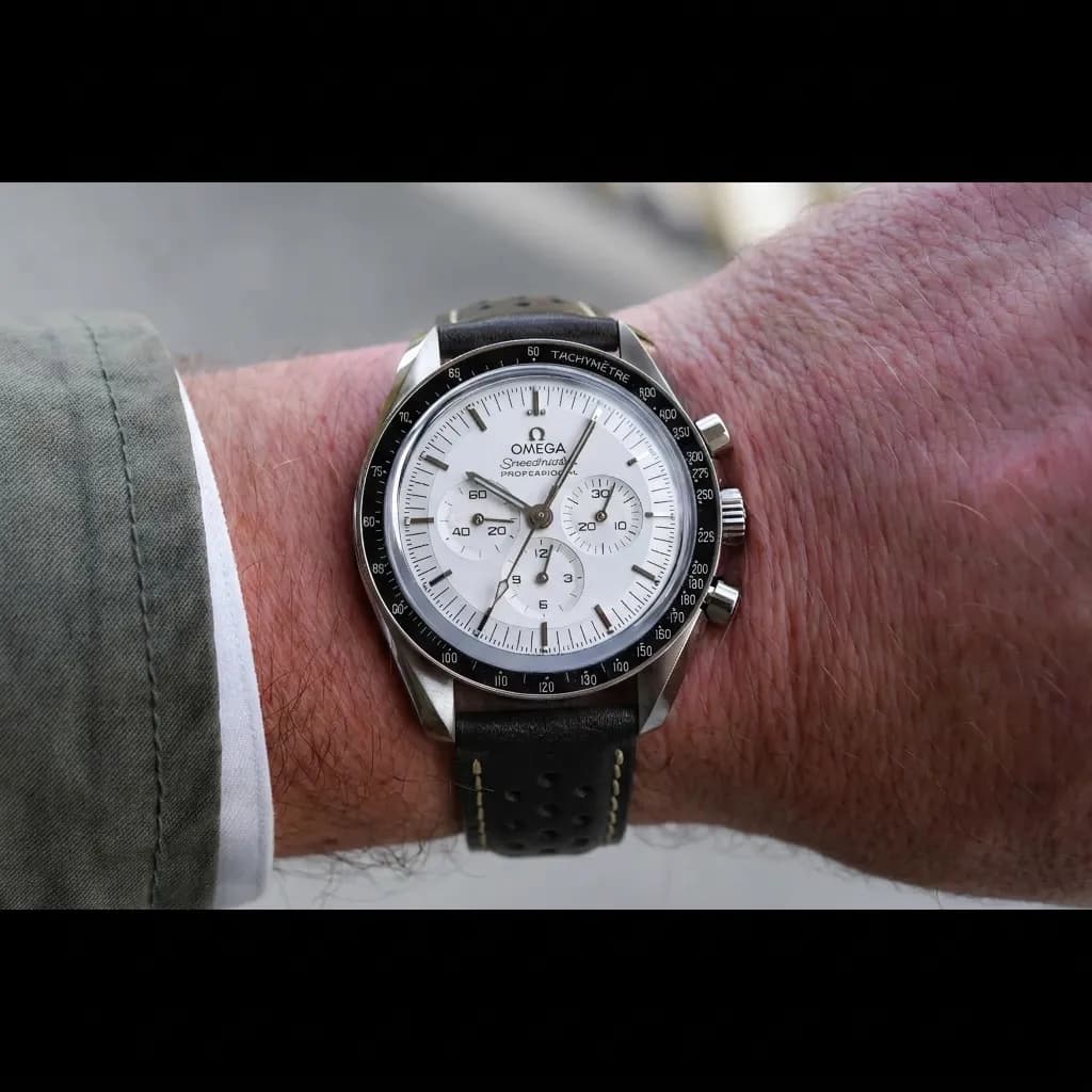 Omega Speedmaster Professional Moonwatch on Perforated Leather Rally (White Stitching) strap