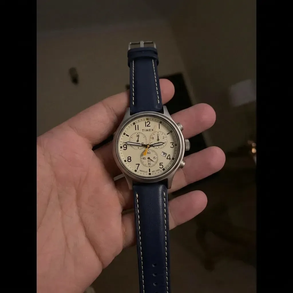 Timex Waterbury Chronograph on Navy Vintage Padded Leather