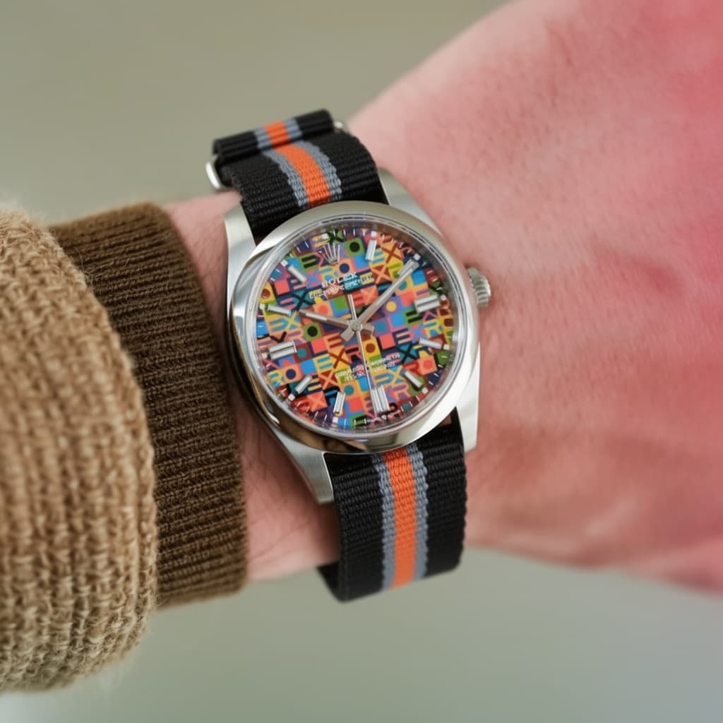 Rolex Oyster Perpetual on Black/Grey/Orange Thin Stripe NATO
