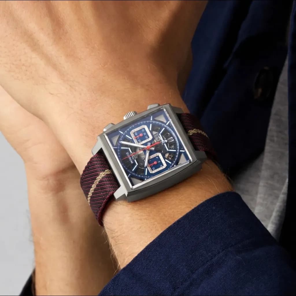 TAG Heuer Monaco Chronograph on Burgundy Woven Single Pass