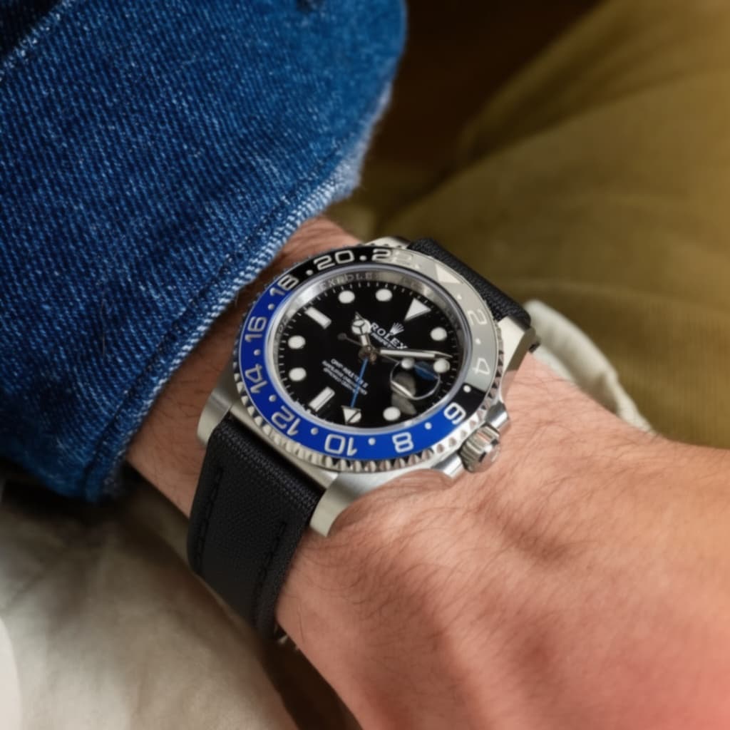 Rolex GMT-Master II on Black Sailcloth with Black Stitching strap
