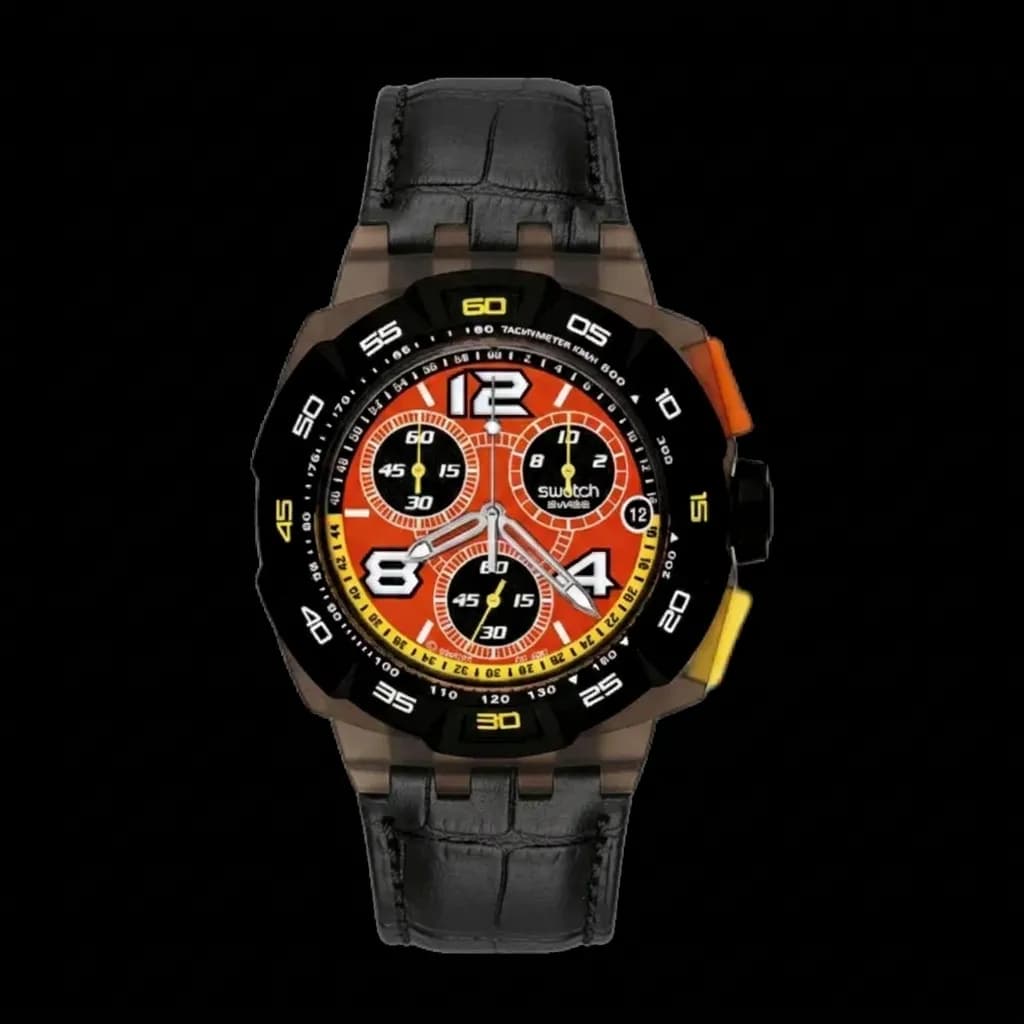 Swatch Chrono Plastic on Black & Orange Suede strap