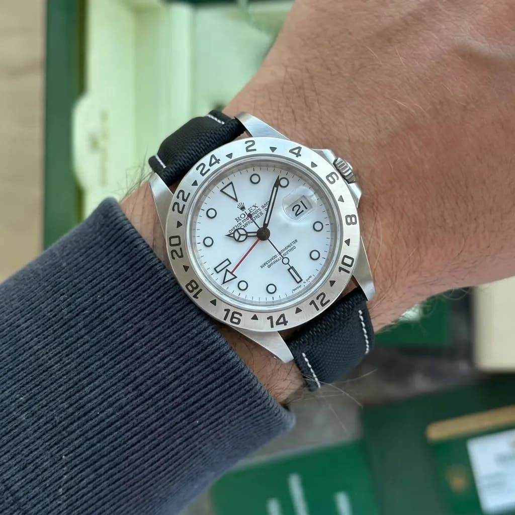 Rolex Explorer II on Black Sailcloth (White Stitching)