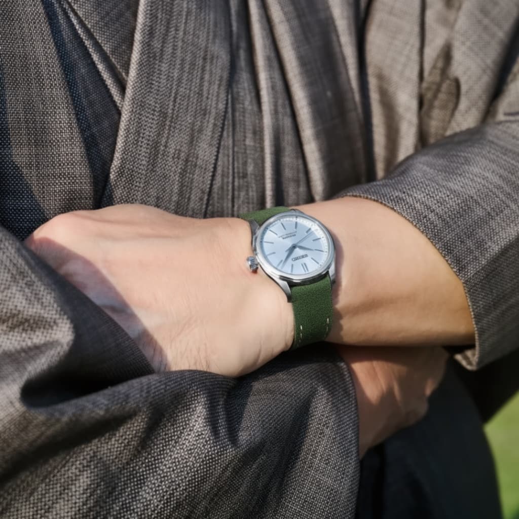 Seiko Presage on Green Classic Suede strap